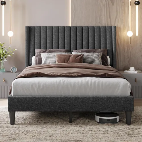 Miniatura 10 de Yaheetech - Base de cama tamaño Queen con plataforma tapizada con cabecero de tela, diseño de borde alado/Antideslizante y libre de ruido/Soporte