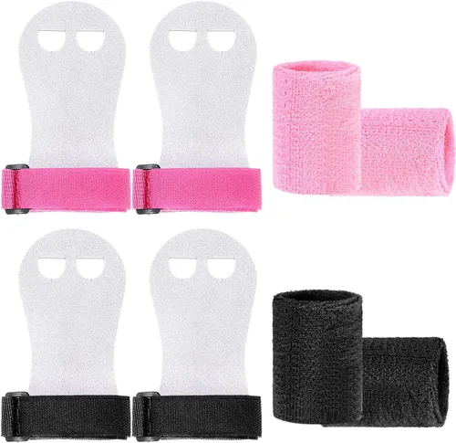 Miniatura 8 de Juego de 2 pares de guantes de gimnasia para bares y niñas, juegos de muñequeras de gimnasia rosa y negro con muñequeras para barra de gimnasia