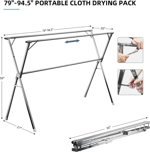 Miniatura 6 de Estante de secado de ropa, de acero inoxidable resistente, ajustable y plegable, para interiores y exteriores, con 20 ganchos resistentes al viento