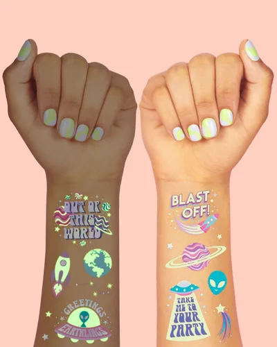 Miniatura 3 de xo, Fetti Space + Planets - Tatuajes temporales que brillan en la oscuridad para niños, 50 piezas, suministros de fiesta de cumpleaños