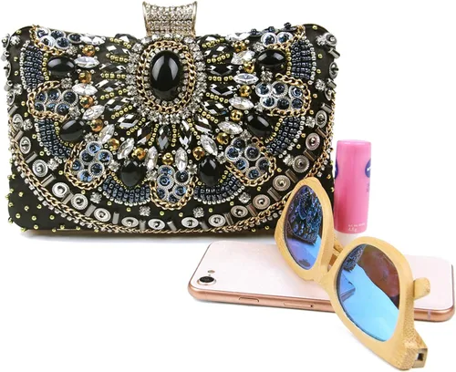 Miniatura 6 de Lanpet Bolso de noche con diamantes de imitación de cristal para mujer, bolso de hombro con correa de cadena, Negro 2