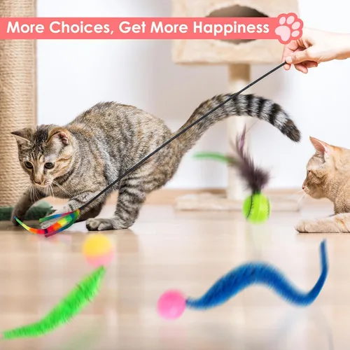 Miniatura 3 de SHENGSEN Juguete de varita de plumas para gatos, pelota inflable con cola para gatos, gusano mágico con juguete de bola grande y colorida