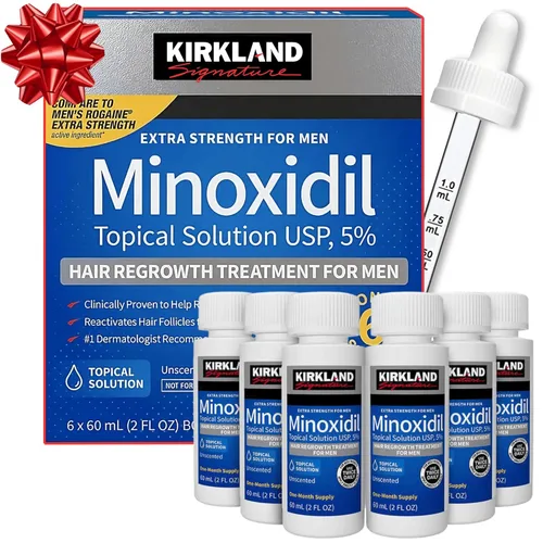 Kirkland Signature Minoxidil Solución tópica USP 5%, tratamiento de crecimiento capilar extra fuerte para hombres, suministro de 6 meses