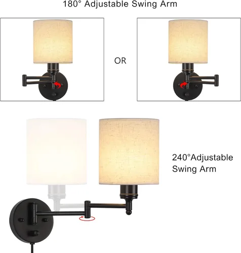 Miniatura 7 de CADUKE Juego de 2 lámparas de pared enchufables, lámparas de pared con brazo oscilante, modernos apliques de pared para dormitorio con pantalla