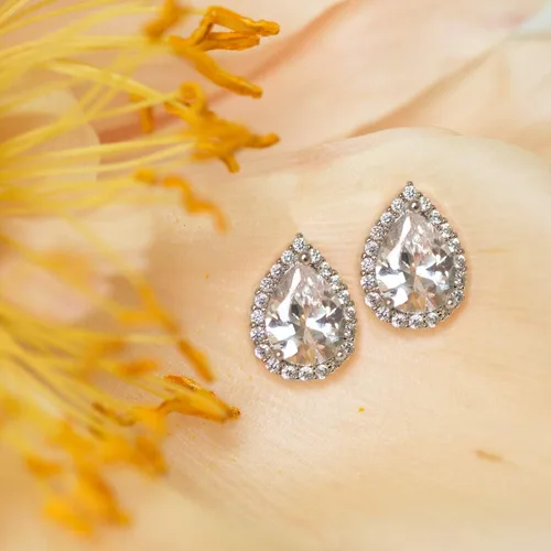 Miniatura 7 de Regalo de joyería de dama de honor de boda, poste de lágrima de pera o aretes de clip en oro, oro rosa, plata, Oro rosa Plata, Circonia cúbica