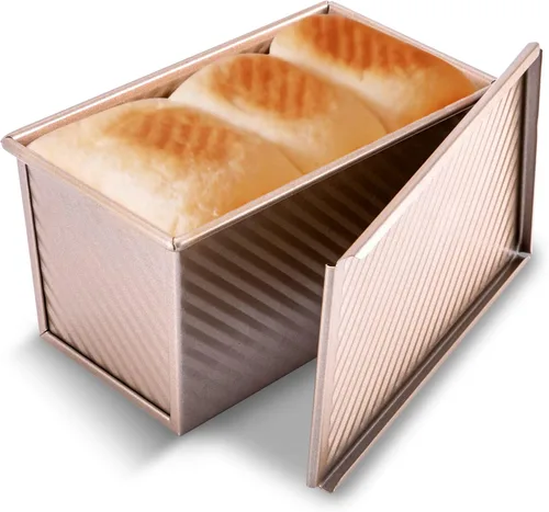 Miniatura 10 de KITESSENSU Molde para pan Pullman de acero al carbono con tapa, capacidad de masa de 1 libra, negro, antiadherente, pan y tostadas