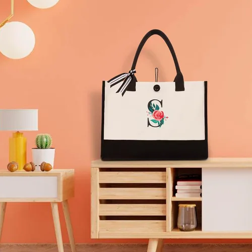 Miniatura 8 de Initial Canvas Tote Bag, Monogrammed Tote Bags Suitable for Mother's Day Wedding Beach