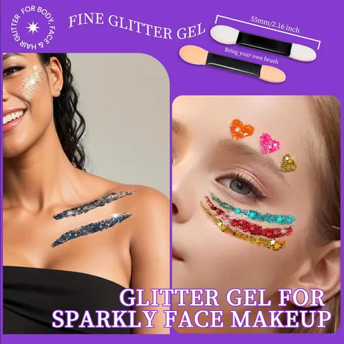Miniatura 3 de Teenitor Juego de gel con purpurina para la cara, sin pegamento, purpurina corporal para maquillaje, para rostro, cuerpo, cabello, total de 4.23