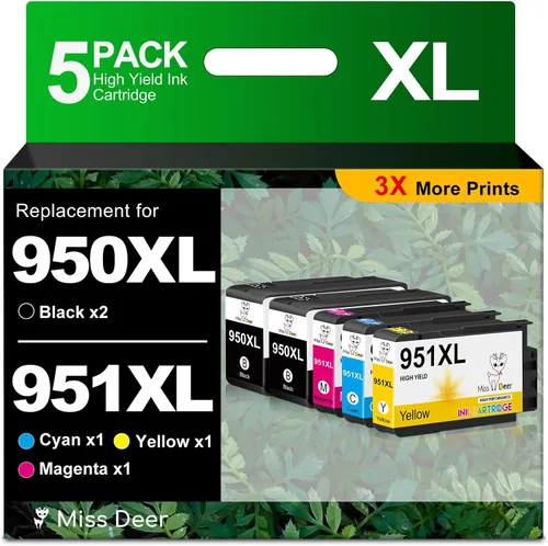 Miss Deer 5-Pack 950 XL 951 XL Ink Cartridges Combo Pack, 2 Black + 1 Each C/M/Y, High Yield for Home Office Business, Compatible for HP OfficeJet