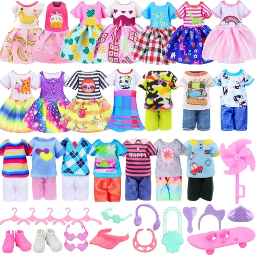26 piezas para ropa y accesorios de muñeca pequeña de 6 pulgadas, incluyen 4 camisetas, 4 pantalones, 4 vestidos, 2 zapatos, lentes de sol rosas, 1