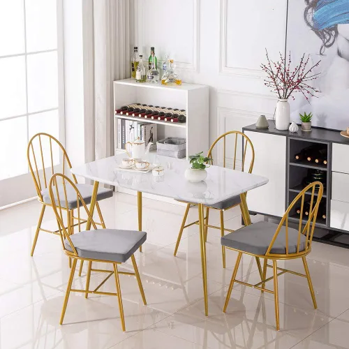Miniatura 4 de Mesa de comedor rectangular de oro blanco, moderna y elegante, con patas de metal dorado para 4 a 6 personas, mesa de trabajo simple para oficina