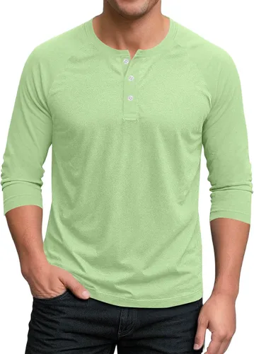 Miniatura 9 de Ctreela Camiseta Henley de manga 3/4 para hombre, estilo casual, ajustada, color sólido, manga larga, camiseta de béisbol Caqui