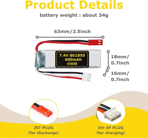 Miniatura 4 de Batería de 7.4V 600mAh 801855 compatible con WLtoys Toys XK A280 A160 A300 RC Airplane, P51 Mustang 4 canales 6G/3D sin escobillas 2.4G avión