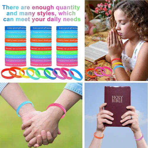 Miniatura 20 de Estune 120 pulseras de versículos de la Biblia, con cita motivacional, pulseras de goma, pulseras de silicona religiosas, pulseras de silicona