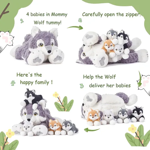 Miniatura 3 de IKASA Muñeco de peluche de mamá gato, juguete de peluche suave y abrazable de 16" con pequeños mini bebés gatitos, regalos para niños, niñas y niños