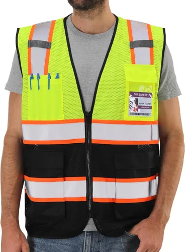 Miniatura 7 de Dib Safety Chaleco de malla reflectante de alta visibilidad en dos tonos con bolsillos y cremallera, malla azul con ribete amarillo, L Azul
