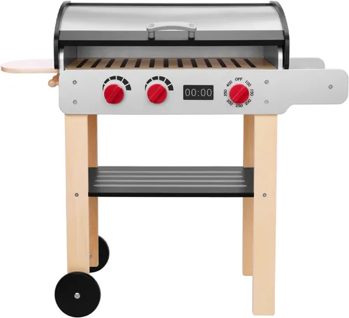 Miniatura 8 de OOOK Parrilla de juguete de barbacoa de madera, juego de parrilla para niños con alimentos de juguete y herramientas de parrilla, accesorios