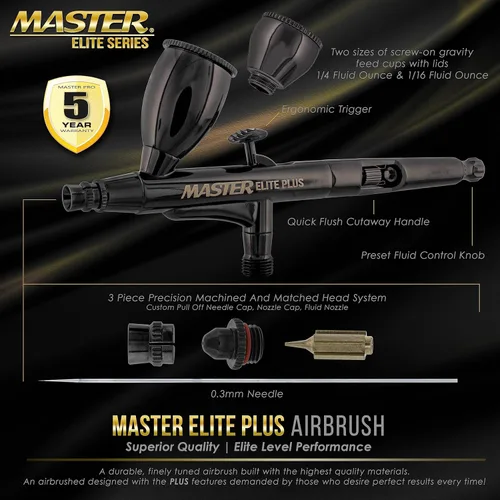Miniatura 2 de Master Elite Plus Juego de aerógrafo, Modelo 120 - Kit de aerógrafo de nivel Elite de doble acción con alimentación por gravedad, punta de 0,3 mm, 2