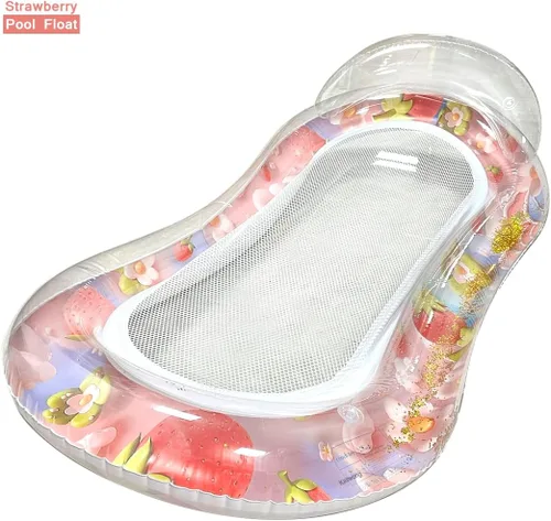 Miniatura 2 de Tumbona inflable para piscina con malla, hamaca de natación para adultos, diseño transparente de sandía/fresas, reposacabezas integrado, relleno
