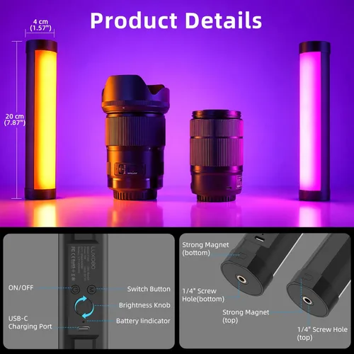 Miniatura 4 de luxceo Varita de luz de mano, luz de video LED RGB multicolor para fotografía, mini luz recargable de 2000 mAh para grabación de video, luces