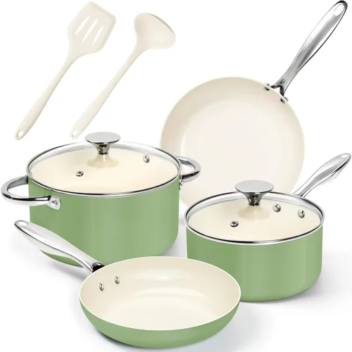 MICHELANGELO Juego de ollas y sartenes antiadherentes, juego de utensilios de cocina de titanio con revestimiento de cerámica no tóxico, 8 ollas y