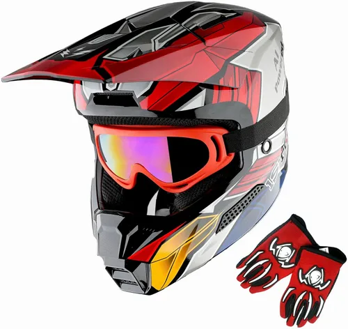 Miniatura 15 de 1Storm Casco de motocross juvenil ATV BMX Dirt Bike Go Kart Skate para niños, multideportes, adolescente, blanco brillante + gafas + guantes Paquete