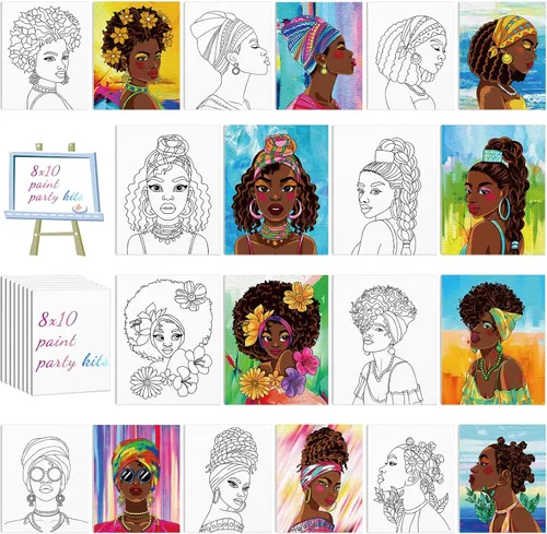 Chuangdi 10 lienzos predibujados Afro Queen para pintar pintura preimpresa y suministros de fiesta de 8 x 10 pulgadas, kit de pintura de tablero de