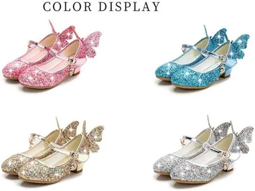 Miniatura 6 de Zapatos brillantes de mariposa Mary Jane para niñas y niñas, zapatos de fiesta de boda con purpurina para damas de honor, tacones bajos, zapatos