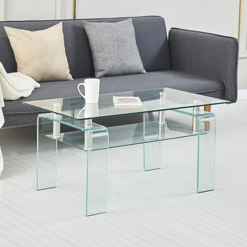 Miniatura 21 de Mesa de centro rectangular de vidrio para sala de estar, con mesa de vidrio templado y capa de MDF, para sala de estar y oficina