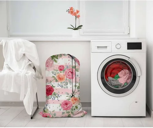 Miniatura 2 de Swono Cesta de almacenamiento de juguetes de comedor con diseño de rosas rosadas, bolsa de lavandería con cordón, románticos ramos de peonías Rosa