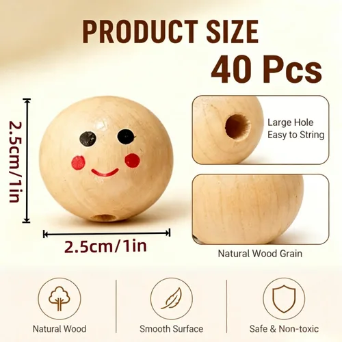 Miniatura 2 de 40 cuentas de madera redondas de madera con cara sonriente, cuentas de madera impresas espaciadoras para manualidades, manualidades, joyería
