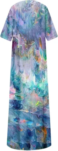 Miniatura 5 de ADHOWBEW Vestido midi de manga corta con cuello en V floral para mujer, talla grande, con bolsillos