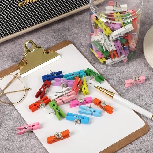 Miniatura 6 de SANNIX 100 clips de madera con tachuelas para el pulgar para tablón de anuncios, decoraciones de tablero de corcho y escuela, oficina, manualidades