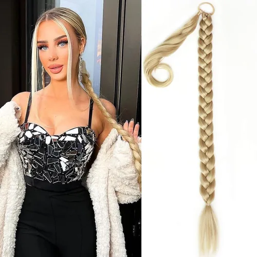 Miniatura 11 de Extensiones de cola de caballo trenzada de 20 pulgadas de largo para mujer, extensiones de cabello lacio envolvente con banda para el cabello, cola
