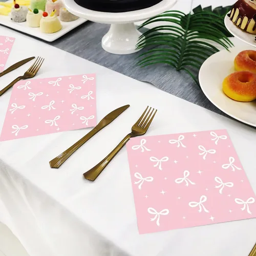 Miniatura 5 de 100 piezas de suministros para fiesta de cumpleaños con lazo rosa, juego de vajilla de lazo rosa de 9 y 7 pulgadas, platos de lazo rosa, tazas