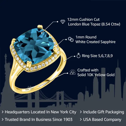 Miniatura 2 de Gem Stone King Anillo de oro amarillo de 10 quilates con piedra natal y zafiro blanco creado para mujer, cojín de 0.472 in, anillo de compromiso