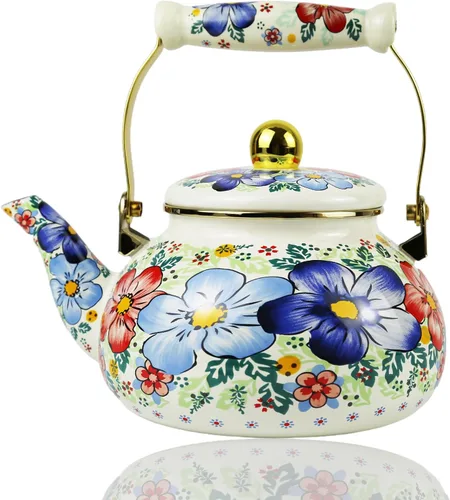 Hervidor de té esmaltado floral, color azul, estilo vintage, estufa para estufa, bohemio, agua caliente, tetera de 2.5 L, tetera con mango de