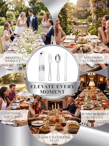 Miniatura 5 de Supernal Paquete de 60 cubiertos de plástico plateado, cubiertos preenrollados, cubiertos plateados desechables de primera calidad, para bodas
