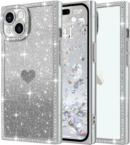 Miniatura 59 de Funda para iPhone 13, funda de diamantes de imitación de lujo con patrón de corazón de amor de cristal [papel con purpurina extraíble], parachoques