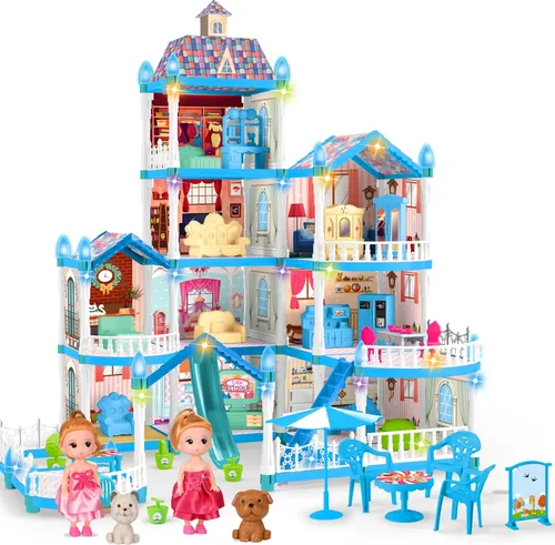Seifar Casa de muñecas para niñas, 10 habitaciones, juguete de casa azul con figuras de muñecas, cachorros, luces, muebles, accesorios, casa de