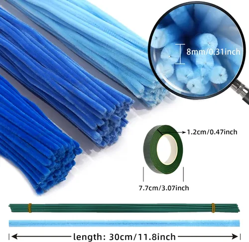 Miniatura 3 de URSDIART 311 piezas de limpiapipas azules para manualidades - Kit de fabricación de flores de tallos de felpilla, alambre grueso y esponjoso
