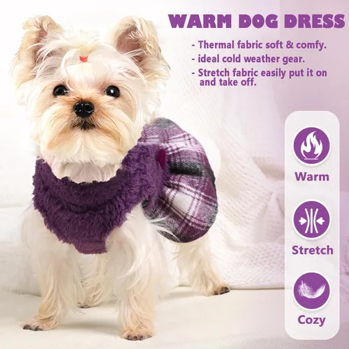 Miniatura 2 de Suéteres para perros pequeños y niñas, vestido suéter, dobladillo a cuadros, cuello alto, ropa mullida para mujer, abrigo cálido para mascotas, ropa