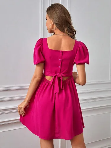 Miniatura 2 de WDIRARA Vestido acampanado de verano con mangas abombadas y cuello cuadrado y lazo en la espalda para mujer