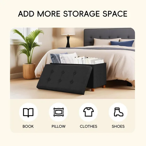 Miniatura 5 de PINPLUS Cubo otomano de almacenamiento, reposapiés de lino blanco con patas de madera, reposapiés de tela plegable, asiento cómodo con tapa, otomana