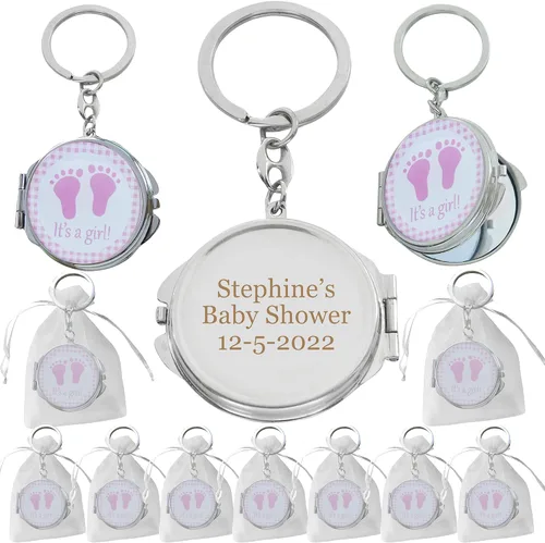 12 llaveros personalizados para baby shower con espejo rosa para niña, con diseño de huella de bebé, regalo personalizado grabado