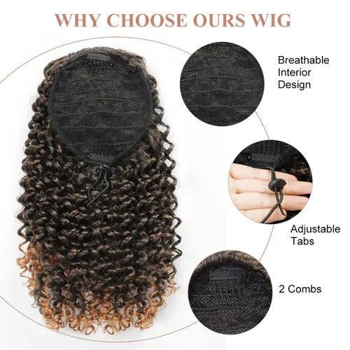Miniatura 5 de Halcyon Extensión de cola de caballo rizada para mujeres negras, extensiones de cabello rizado con cordón, mezcla de color marrón T1B/30.