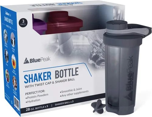 Miniatura 2 de BluePeak Botella mezcladora de proteínas de 28 onzas, paquete de 3 con tapa giratoria. Sin BPA, bolas agitadoras incluidas (morado, rojo y gris)
