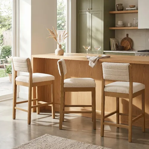 Miniatura 5 de HNY 26.5 Inches Counter Height Single Bar Stool, Beige Linen Upholstered Counter Stool with Back, Solid Wood Legs and Footrest, Farmhouse Wooden