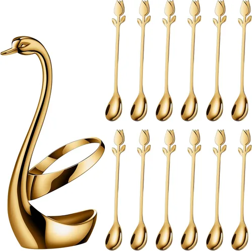 Miniatura 2 de Juego de Soporte para Cucharas de Café Pequeñas Dorado, Base de Cisne con Juego de 12 Cucharas Demitasse para Espresso, Cuchara de Postre Mini