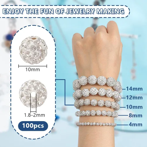 Miniatura 3 de PH PandaHall 100 cuentas de diamantes de imitación blancos de 0.394 pulgadas (0.394 in) cuentas de arcilla blanca de polímero de cristal de arcilla